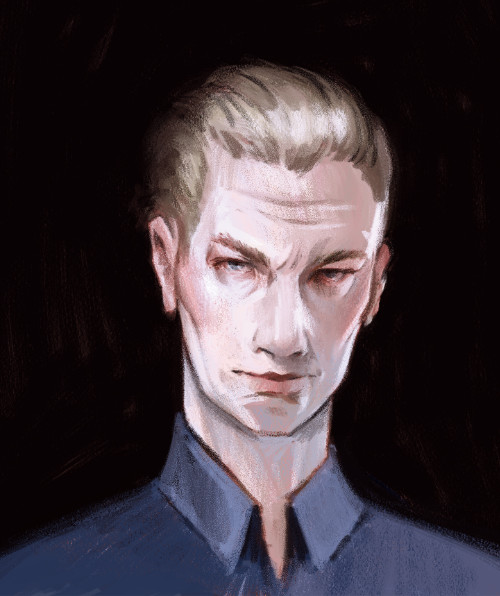 A completed color illustration - Matthias is a faire-skinned older man, perhaps in his 40s or even early 50s. He is thin almost to the point of being gaunt. He has short blond hair slightly styled back and piercing blue eyes. He is looking at the camera, head tilted slightly down, with a bit of a smirk on his face. He is wearing a blue, collared, button-down shirt. Above him is the word POSSESSED scrawled in white paint with a bit of a splatter below the extended tail on the D, and below her in white sans-serif deco font are the words 'JUNE 18 • CWBWRITING.COM'