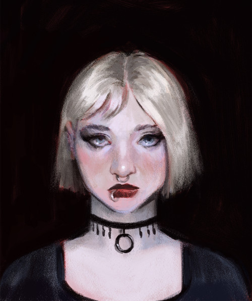 A completed color illustration - Shannon is a fair-skinned young woman with bleach-blonde hair in a short pixie cut, light blue eyes, and red lips. She's looking directly at the camera. She has a septum ring and a lip ring, and is wearing a black choker with small black beads dangling from it, and at its center a larger black ring. She's wearing a black shirt. Above here is the word POSSESSED scrawled in white paint with a bit of a splatter below the extended tail on the D, and below her in white sans-serif deco font are the words
'JUNE 18 • CWBWRITING.COM'